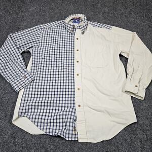 VTG Texas Cotton Shirt Medium Blue Plaid Split‎ Contemporary Fit Long tail USA